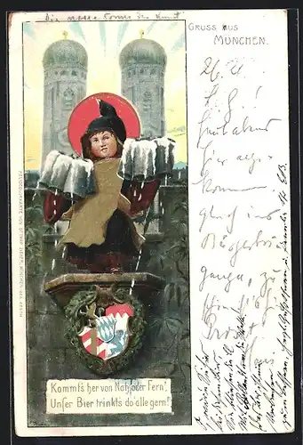 Lithographie München, Münchner Kindl mit Bierkrug vor den Türmen der Frauenkirche