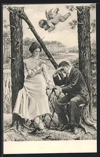 AK Liebespaar mit einem Engel im Park