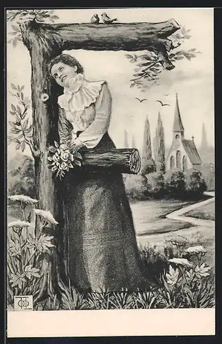 AK Junge Fraue mit Blumen am Buchstaben F, Im Hintergrund Kirche