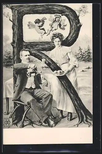 AK Paar beim Picknick zwischen Buchstabe R