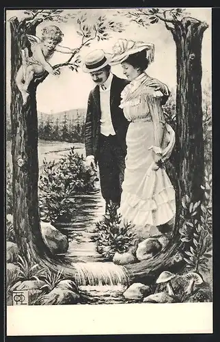 AK Liebespaar an einem Flüschen, der den Buchstaben U durchquert