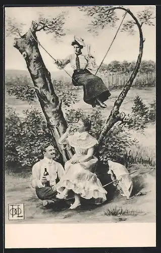 AK Buchstabe V mit schaukelnder Dame, Paar beim Picknick