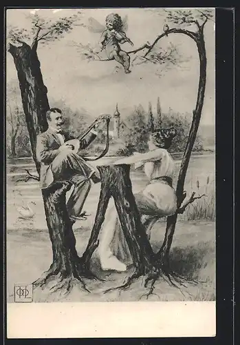 AK Buchstabe W als Baum, Liebespaar und Amor, Montage