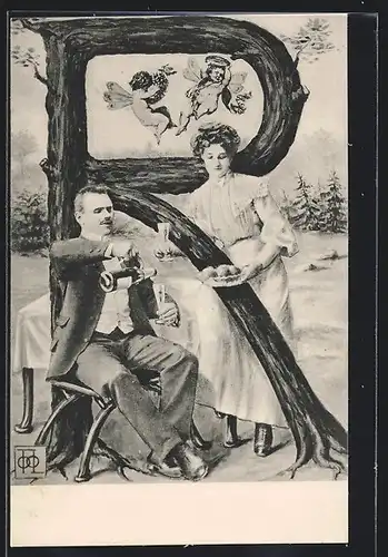 AK Paar beim Picknick zwischen Buchstabe R