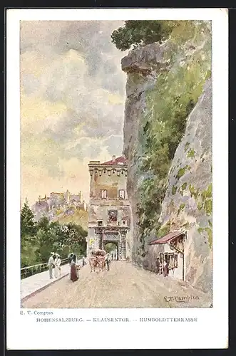 Künstler-AK Edward Theodore Compton: Hohensalzburg und Klausentor mit Humboldtterrasse