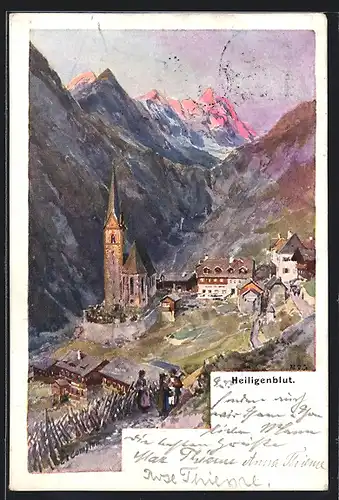 Künstler-AK Edward Theodore Compton: Heiligenblut, Ortsansicht mit Kirche und Bergen