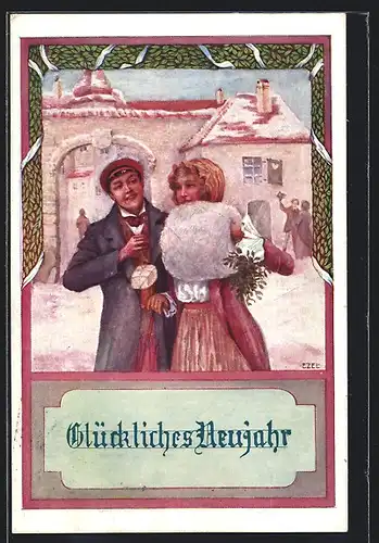 Künstler-AK Ezel: Neujahresgruss, Pärchen in winterlicher Kleidung und mit Geschenken im eingeschneiten Ort