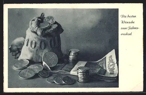 AK Geldsack mit Münzen und Scheinen