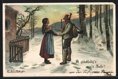 Künstler-AK E. Döcker: Jäger hält Hand von Frau im Schnee
