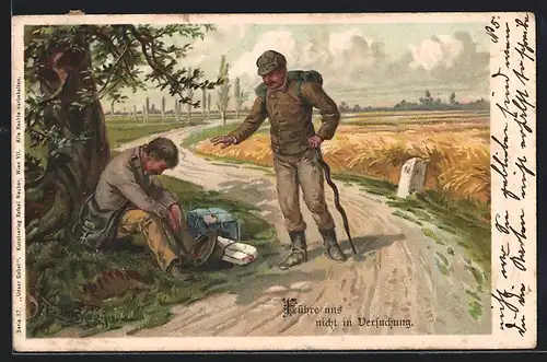 Künstler-AK E. Döcker: Ein Wanderer denkt über das Stehlen der Ausrüstung eines anderen Wanderers nach