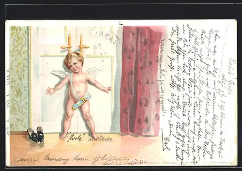 Künstler-AK E. Döcker: Amor steht vor einer Tür