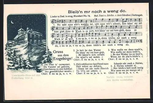 Lied-AK Anton Günther Nr. 19: Bleibn mr noch a weng do, Unterkunftshaus auf dem Fichtelberg