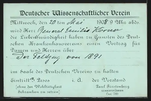 AK Santiago, neoklassizistisches Gebäude, Deutscher Wissenschaftlicher Verein, Vortrag 1908, Ganzsache
