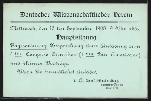 AK Santiago, Deutscher Wissenschaftlicher Verein, Hauptsitzung, neoklassizistisches Gebäude, Ganzsache