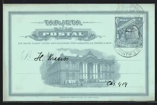 AK Santiago, Deutsche Schule, Generalversammlung, neoklassizistisches Gebäude, Ganzsache