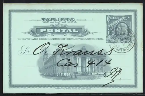 AK Santiago, Deutscher Verein, Einladung zum Essen, neoklassizistisches Gebäude, Ganzsache