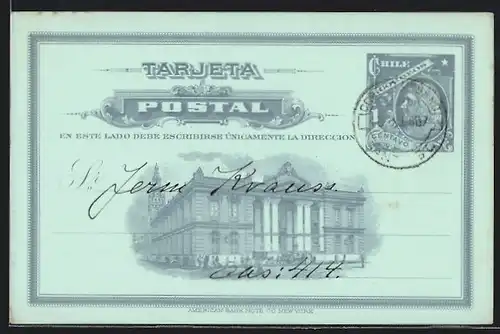 AK Santiago, Deutscher Wissenschaftlicher Verein, Vortrag Dr. Poenisch, neoklassizistisches Gebäude, Ganzsache