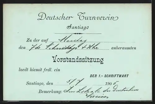 AK Santiago, Deutscher Turnverein, Vorstandssitzung 1905, Ganzsache