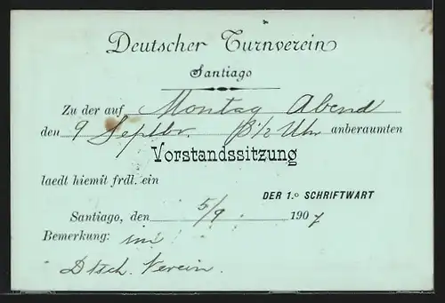AK Santiago, Deutscher Turnverein, Vorstandssitzung 1907, Ganzsache