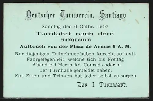 AK Santiago, Deutscher Turnverein, Turnfahrt nach dem Manquehue 1907, Ganzsache