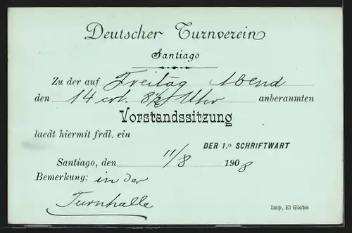 AK Santiago, Deutscher Turnverein, Vorstandssitzung 1908, Ganzsache