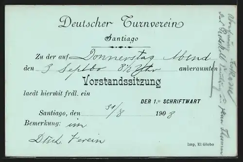 AK Santiago, Deutscher Turnverein, Vorstandssitzung 1908, Ganzsache