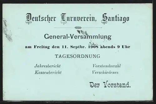 AK Santiago, Deutscher Turnverein, Generalversammlung 1908, Ganzsache
