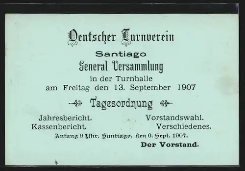 AK Santiago, Deutscher Turnverein, General Versammlung 1907, Ganzsache