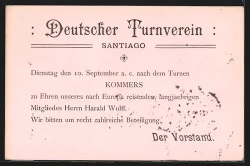 AK Santiago, Deutscher Turnverein, Kommers, Ganzsache