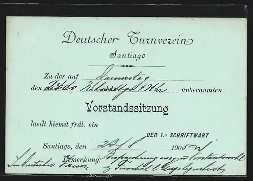 AK Santiago, Deutscher Turnverein, Vorstandssitzung 1905, Ganzsache