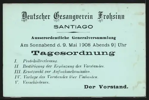 AK Santiago, Deutscher Gesang-Verein Frohsinn, Ausserordentliche Generalversammlung 1908, Ganzsache