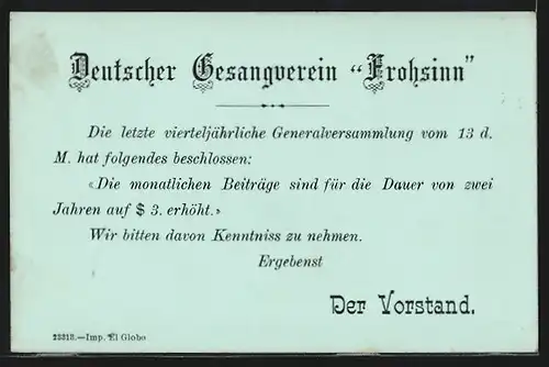 AK Santiago, Deutscher Gesang-Verein Frohsinn, Beschluss der Generalversammlung, Ganzsache