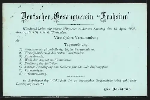 AK Santiago, Deutscher Gesang-Verein Frohsinn, Vierteljahrs-Versammlung, Ganzsache