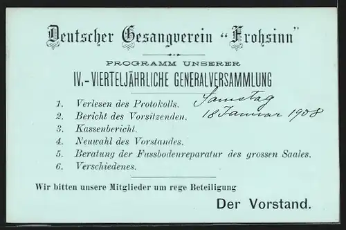 AK Santiago, Deutscher Gesang-Verein Frohsinn, IV. Vierteljährliche Generalversammlung 1908, Ganzsache