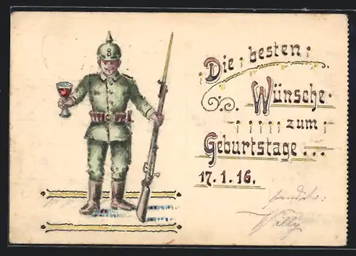 Künstler-AK Handgemalt: Deutscher Soldat mit Weinglas, Geburtstagsgrüsse