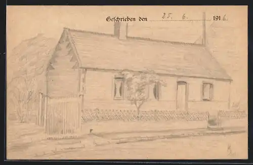 Künstler-AK Handgemalt: Idyllisches Häuschen mit Strassenpartie