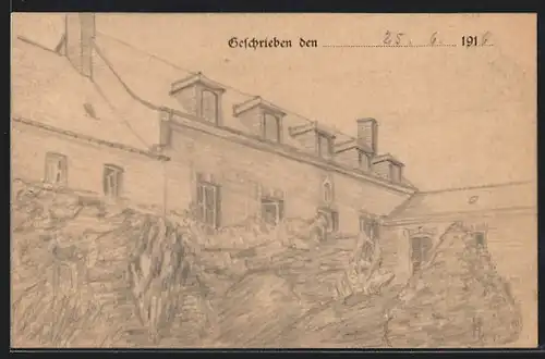 Künstler-AK Handgemalt: Haus mit Büschen und Bäumen