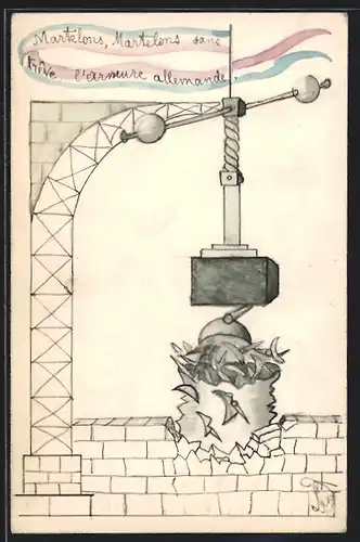 Künstler-AK Handgemalt: Kran mit Hammer zerstört eine Mauer