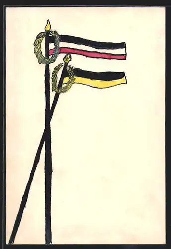 Künstler-AK Handgemalt: Deutsche und österreichische Fahne mit Lorbeerkränzen