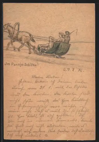 Künstler-AK Handgemalt: Soldaten im Pferdeschlitten