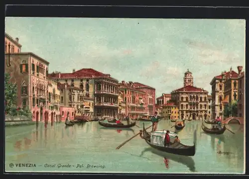 Lithographie Venezia, Canal Grande, Pal. Browning