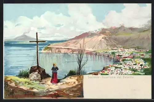Künstler-AK Sorrento, Frau am Gedenkstein mit Blick vom Panorama dal Deserto