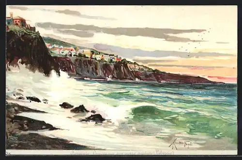 Lithographie Sorrento, Panorama con mare agitato, stürmische See an der Küste