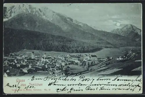 Mondschein-AK Innichen, Gesamtansicht aus der Vogelschau