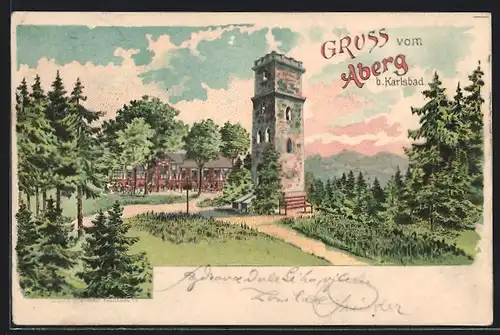 Lithographie Aberg /Karlsbad, Blick auf Turm