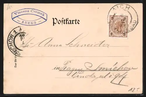 Lithographie Aberg /Karlsbad, Blick auf Turm