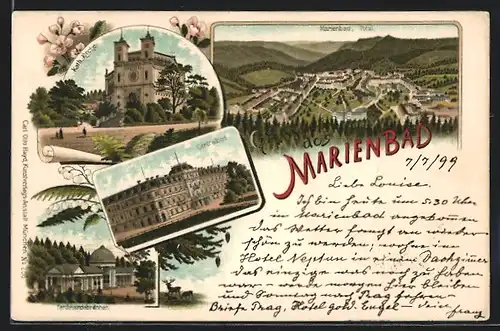 Lithographie Marienbad, Ortsansicht, Katholische Kirche, Centralbad, Ferdinandsbrunnen