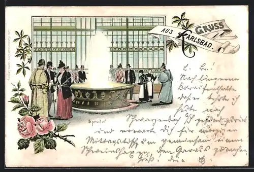 Lithographie Karlsbad, Kurgäste am Sprudel