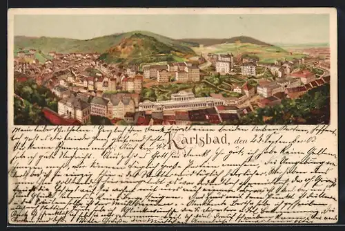 Lithographie Karlsbad, Gesamtansicht mit Kurbad