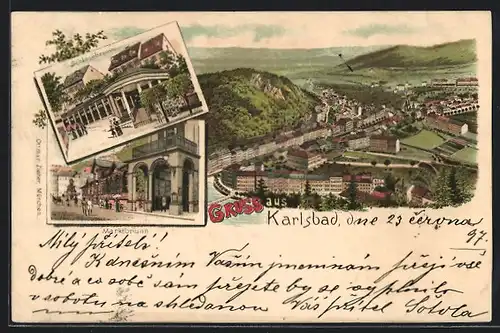 Lithographie Karlsbad, Marktbrunn, Schlossbrunn und Total